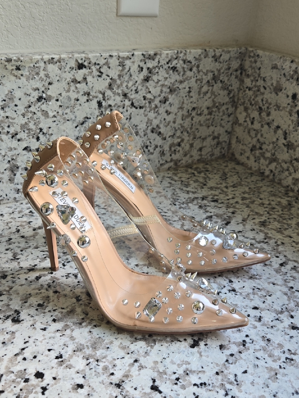 Steve Madden Clear Nude Pointed Toe Studded Heels